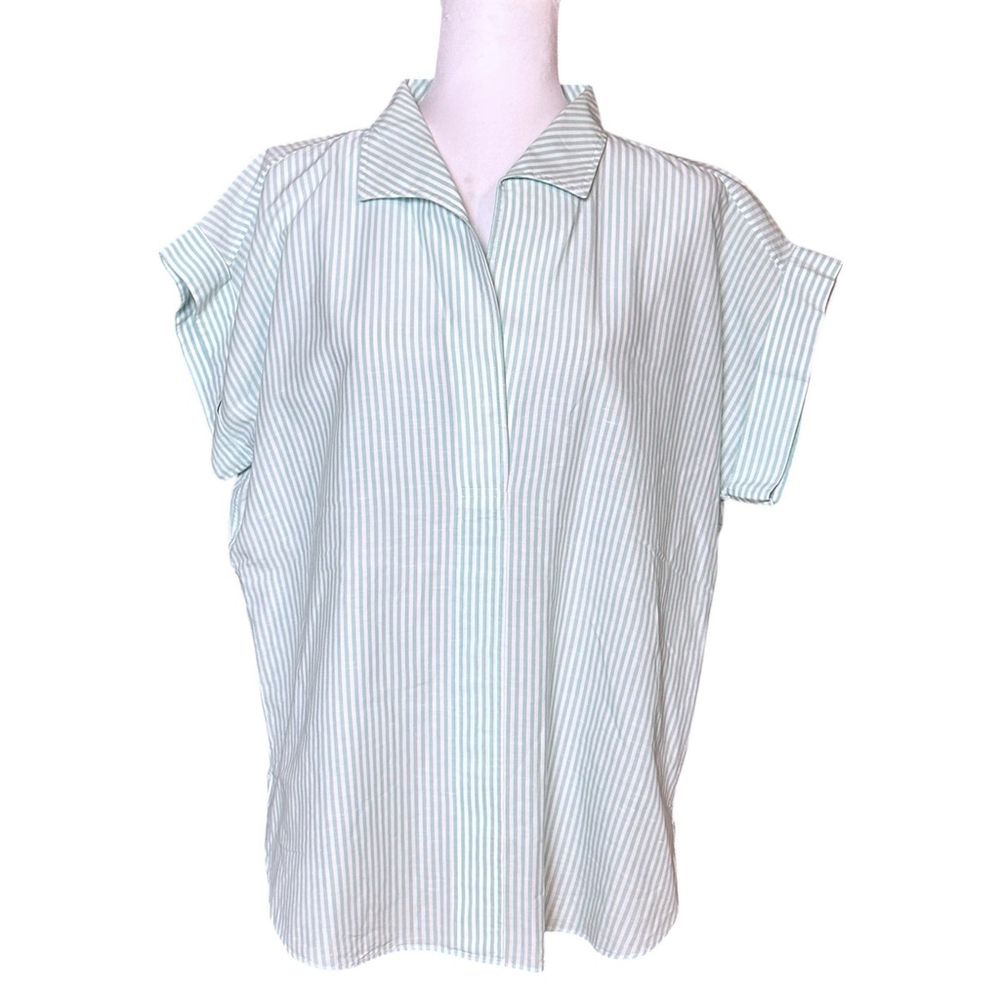 Sarah Alexandra Cap Sleeve Pique Polo Top White & Green Stripe 100% Cotton LG